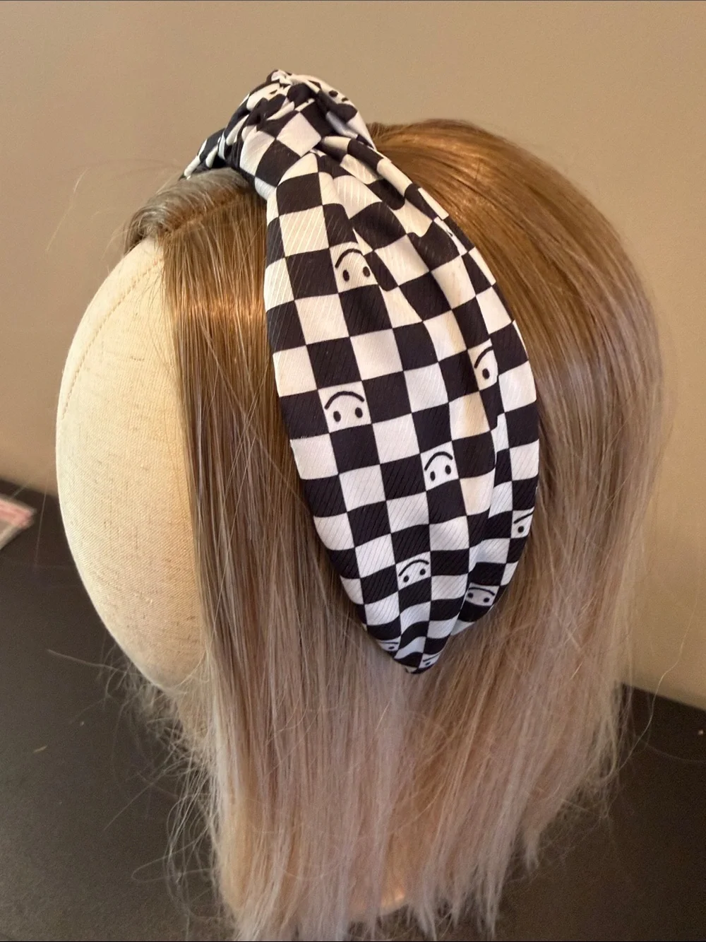 Kids Black & White Checkered Knot Headband with Smile Accents